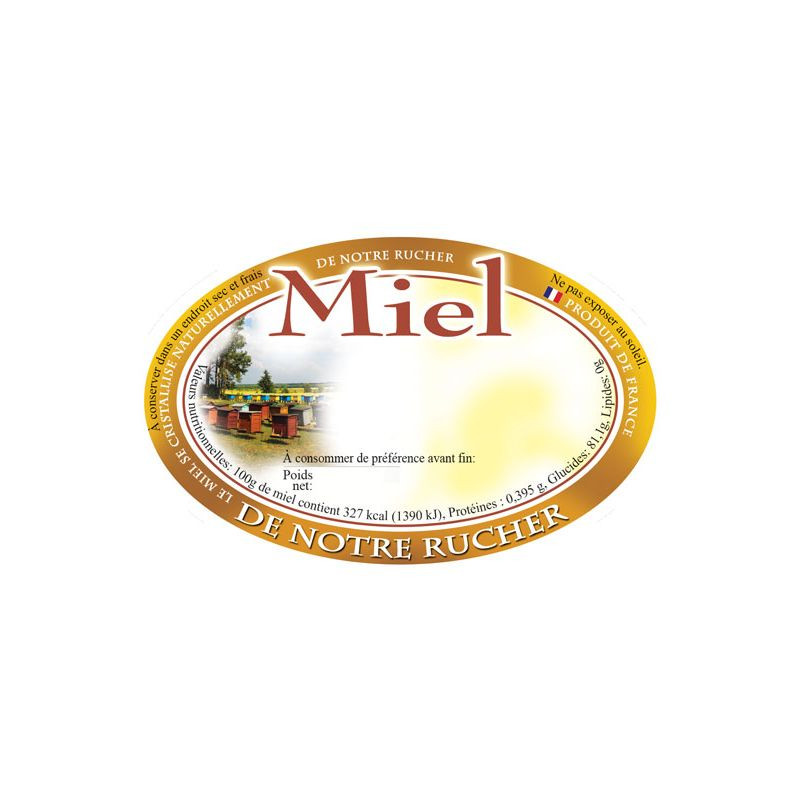Paquet de 100 étiquettes "Miel de notre rucher" modèle ruches