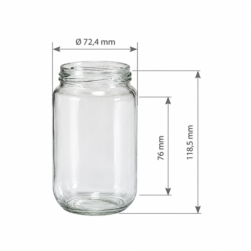 Pack de 20 pots en verre cylindrique 500g (370 ml) TO63 - dimensions