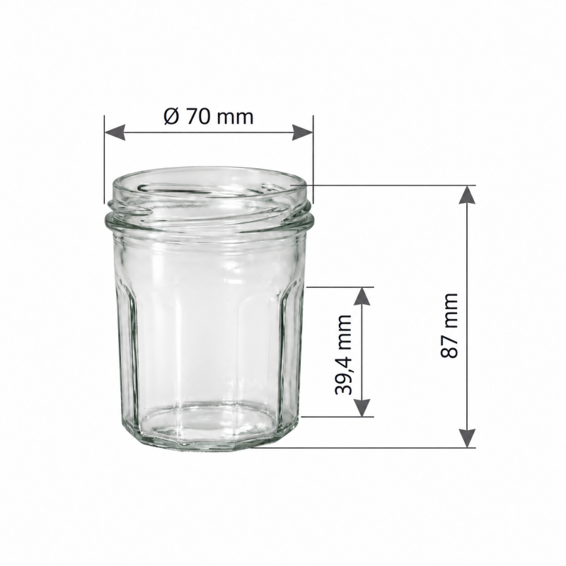 Pack de 20 pots en verre cylindriques 250g (200ml) TO70 - dimensions