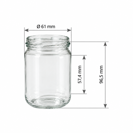 Pack de 20 pots en verre cylindriques 250g (212ml) TO58 - dimensions